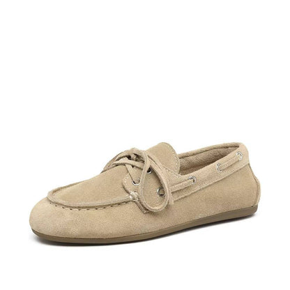 Lace-up Cowhide Flats for Women - Genuine Leather Moccasins with TPR Sole, Sizes 6 to 8