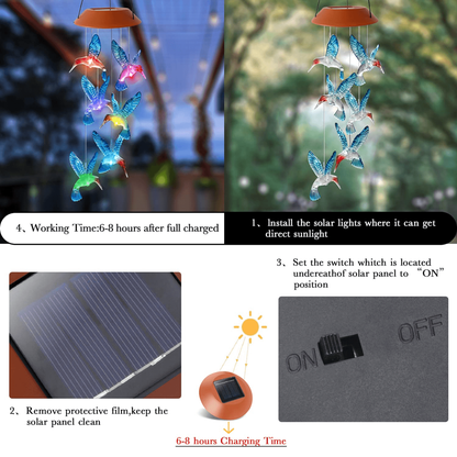 Enchanting Solar Wind Chime Light with Colorful Hummingbird Illumination
