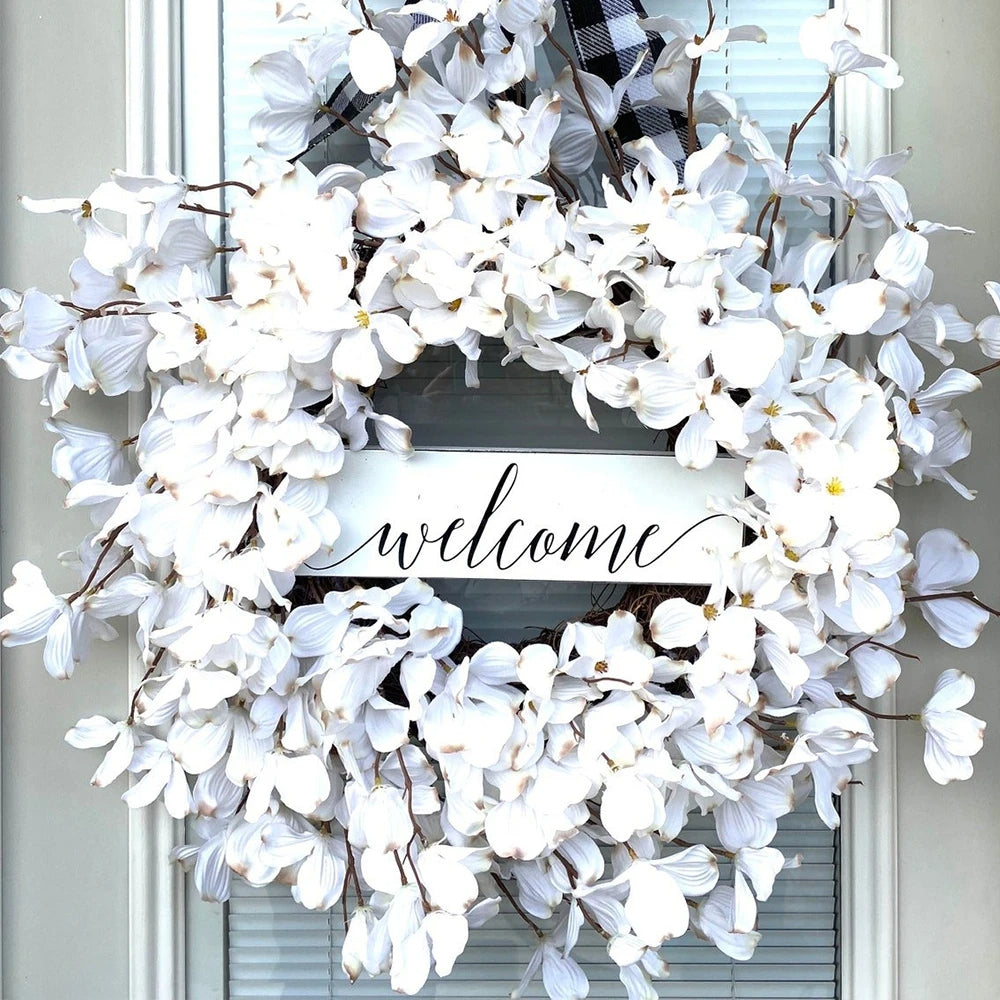 Handcrafted White Dogwood Floral Wreath for Door, 40cm Rattan Base