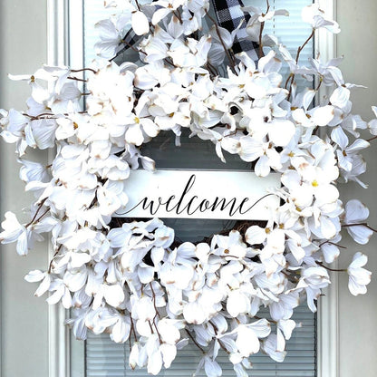 Handcrafted White Dogwood Floral Wreath for Door, 40cm Rattan Base