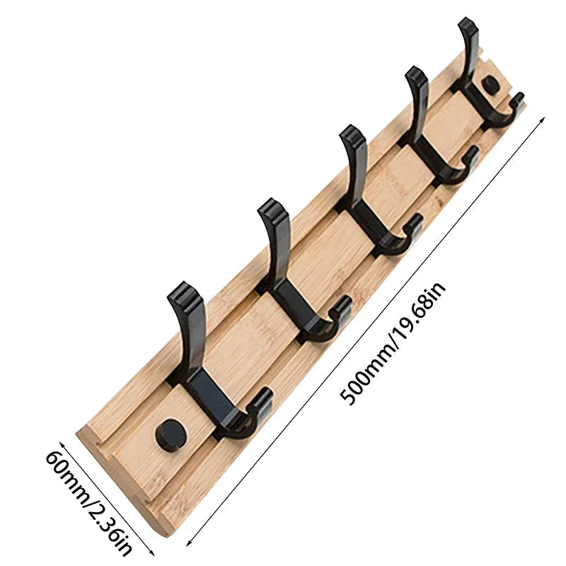 Bamboo Coat Rack for Wall with Adjustable Hooks, 3 to 5 Hooks, 13.5kg Load, No Drilling Needed
