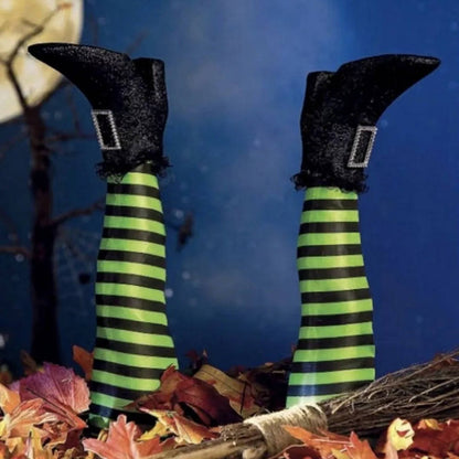 Crashed Witch Yard Stake with Striped Stockings for Halloween Decor