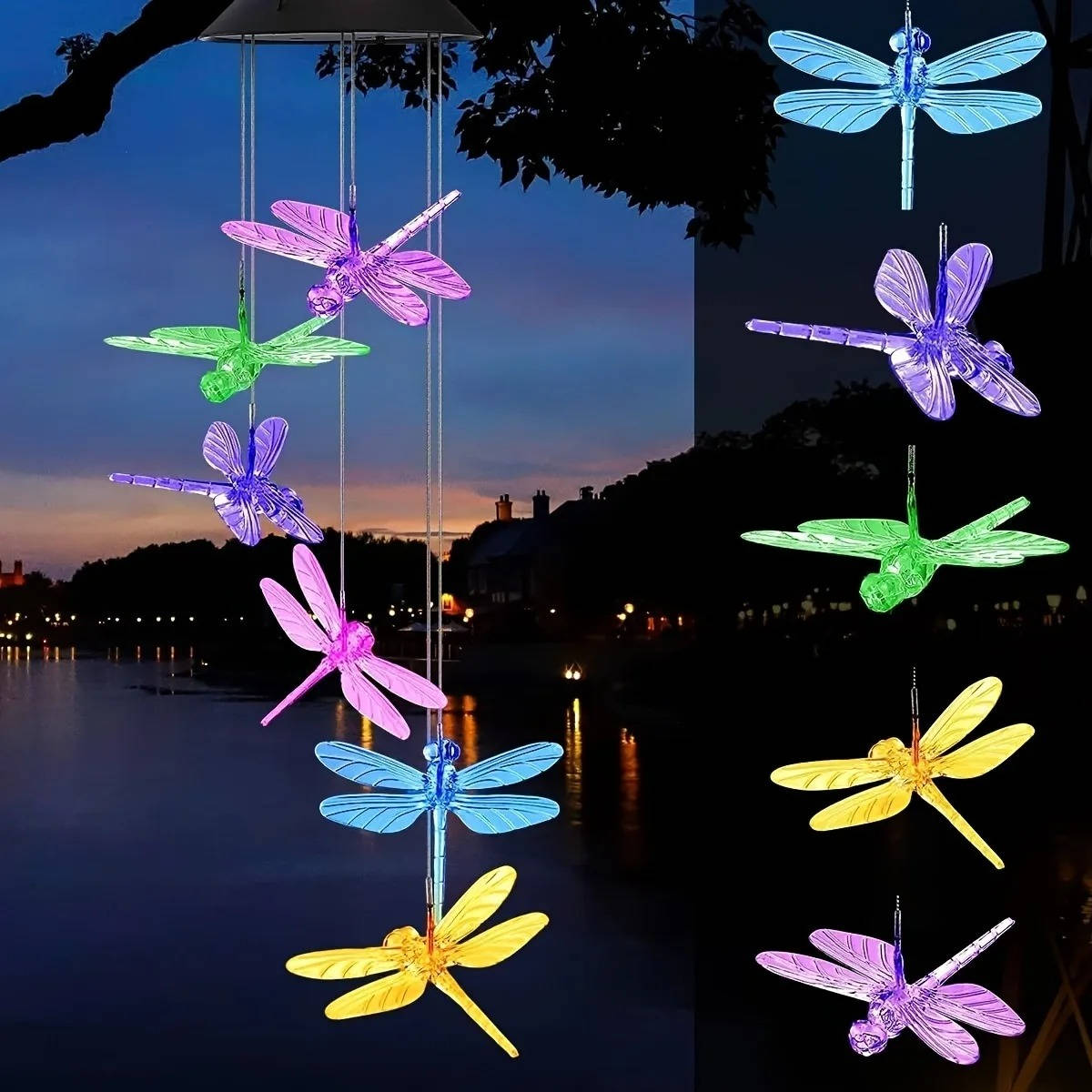 Solar-Powered LED Wind Chimes with Six Color Rotations and Dusk Sensor