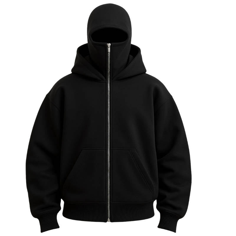 Knit Polyester Ski Mask Sweatshirt with Double Hood, Neck Gaiter, Pockets - Unisex Full Zip Balaclava Hoodie for Winter