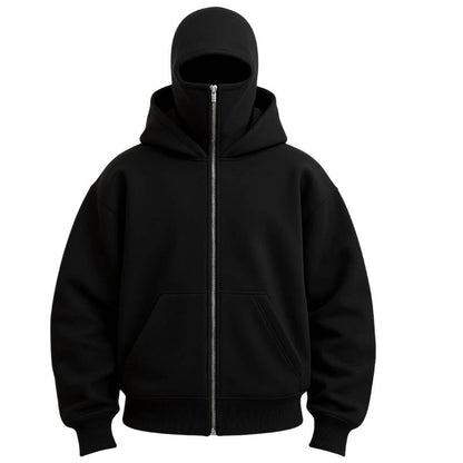 Knit Polyester Ski Mask Sweatshirt with Double Hood, Neck Gaiter, Pockets - Unisex Full Zip Balaclava Hoodie for Winter