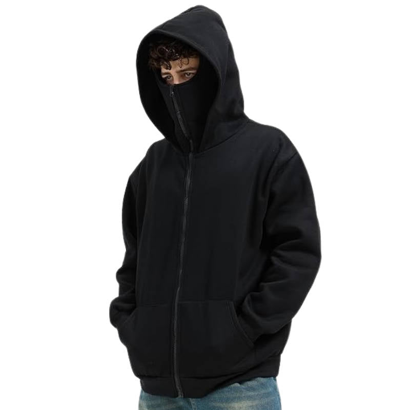 Knit Polyester Ski Mask Sweatshirt with Double Hood, Neck Gaiter, Pockets - Unisex Full Zip Balaclava Hoodie for Winter