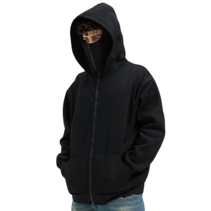 Knit Polyester Ski Mask Sweatshirt with Double Hood, Neck Gaiter, Pockets - Unisex Full Zip Balaclava Hoodie for Winter