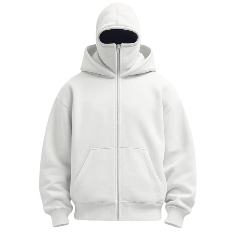 Knit Polyester Ski Mask Sweatshirt with Double Hood, Neck Gaiter, Pockets - Unisex Full Zip Balaclava Hoodie for Winter