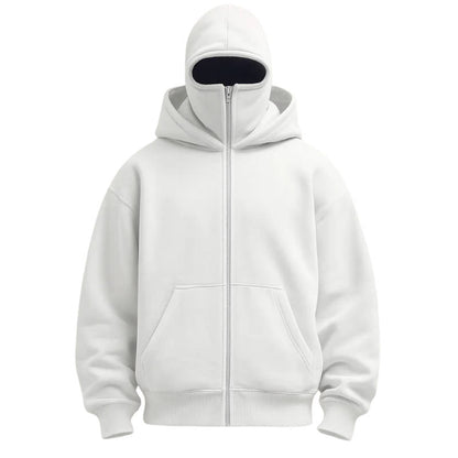 Knit Polyester Ski Mask Sweatshirt with Double Hood, Neck Gaiter, Pockets - Unisex Full Zip Balaclava Hoodie for Winter