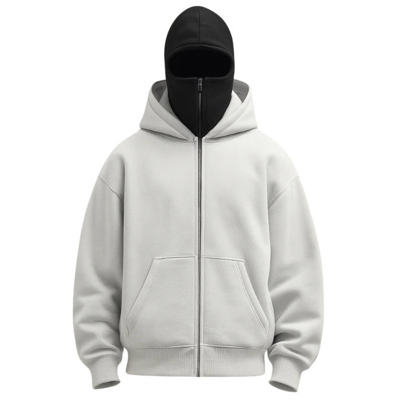 Knit Polyester Ski Mask Sweatshirt with Double Hood, Neck Gaiter, Pockets - Unisex Full Zip Balaclava Hoodie for Winter