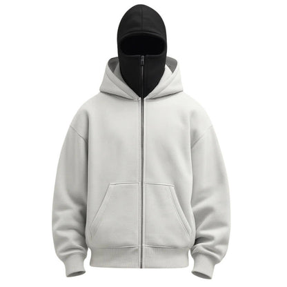 Knit Polyester Ski Mask Sweatshirt with Double Hood, Neck Gaiter, Pockets - Unisex Full Zip Balaclava Hoodie for Winter