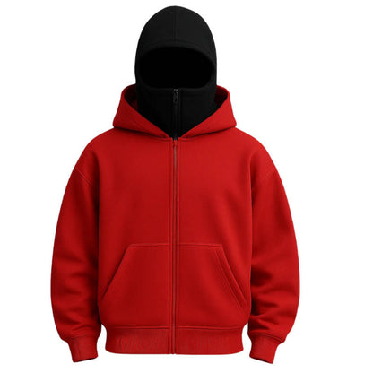 Knit Polyester Ski Mask Sweatshirt with Double Hood, Neck Gaiter, Pockets - Unisex Full Zip Balaclava Hoodie for Winter