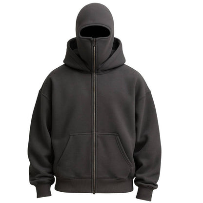 Knit Polyester Ski Mask Sweatshirt with Double Hood, Neck Gaiter, Pockets - Unisex Full Zip Balaclava Hoodie for Winter