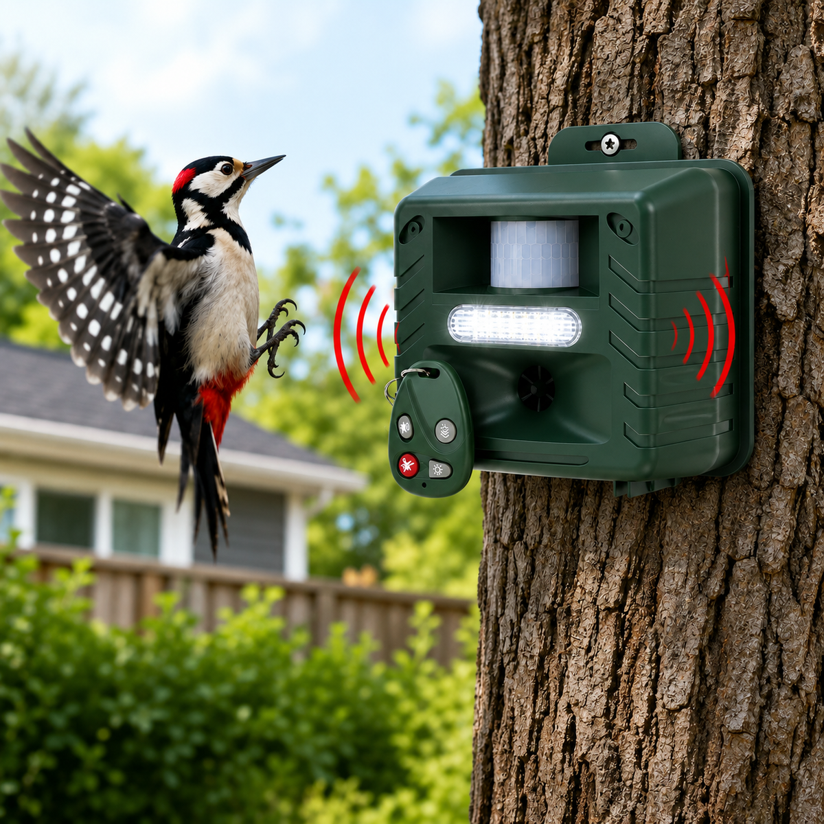 Outdoor Ultrasonic Bird Deterrent with Flashing Lights – 15 to 20kHz for Woodpeckers