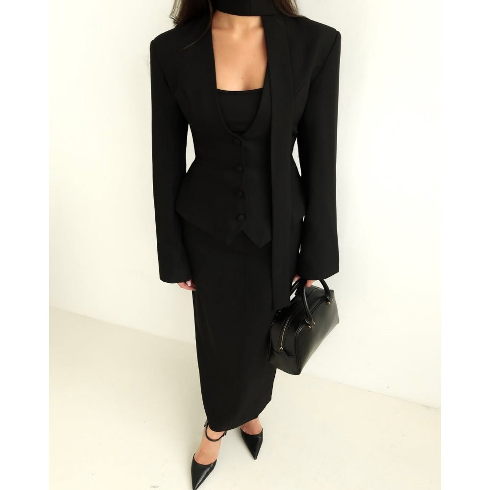 Chic Women's Blazer with Attached Scarf and Tailored Design