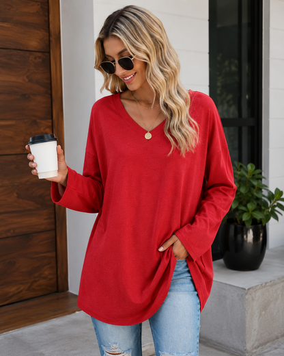 Casual Long Sleeve V-Neck Tee for Women, Flared Hem Cotton Blend Top