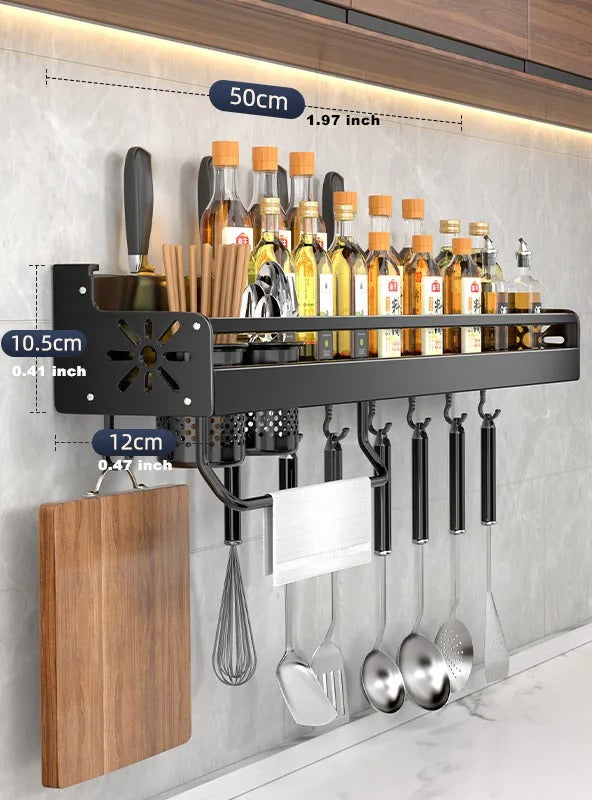 Aluminum Kitchen Organizer Rack for Wall, Utensil & Spice Holder with Hooks