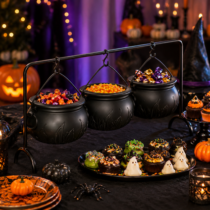 Halloween Decoration Set with 3 Mini Black Cauldrons on Iron Stand for Candy