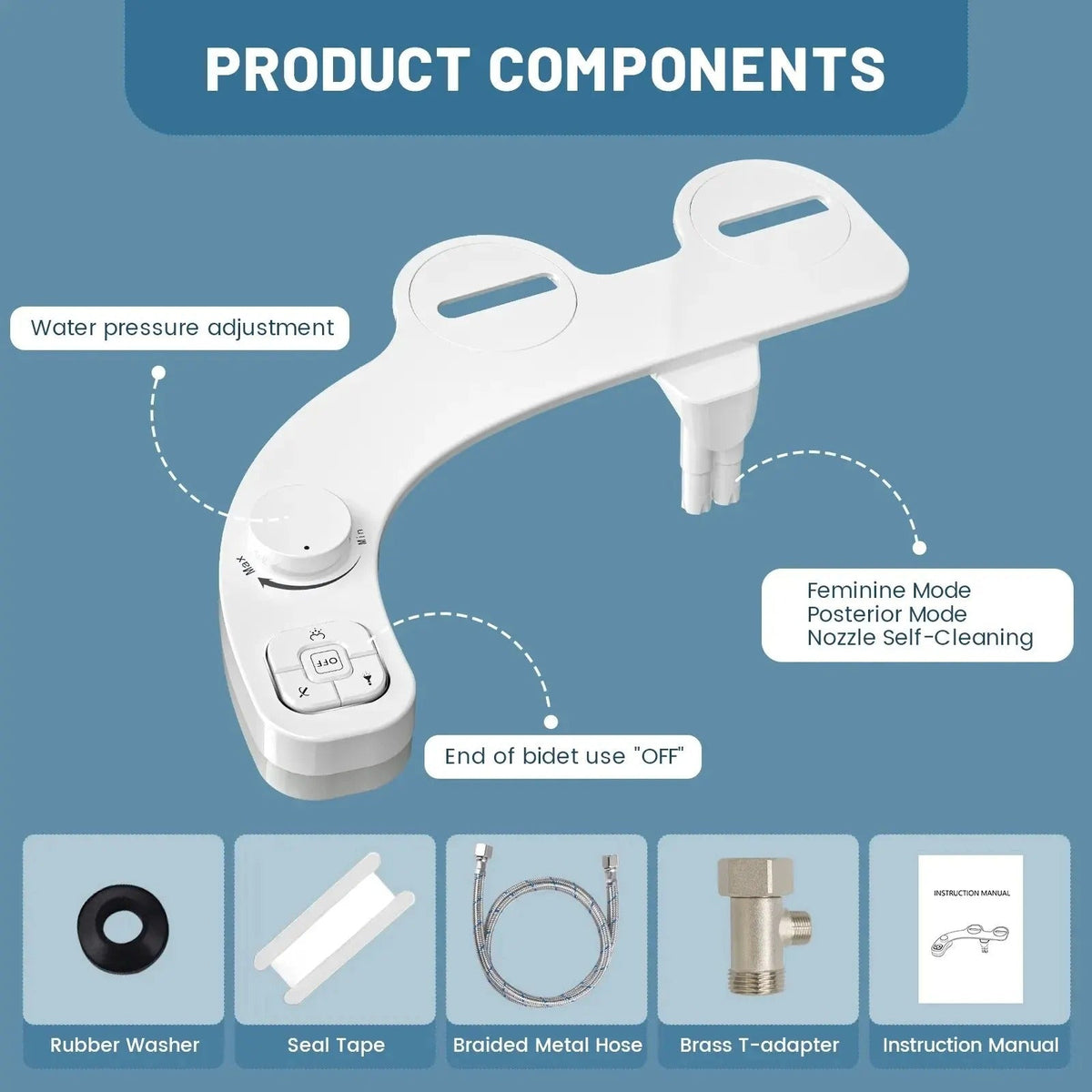 Dual Nozzle Spray Bidet Attachment with Adjustable Water Pressure