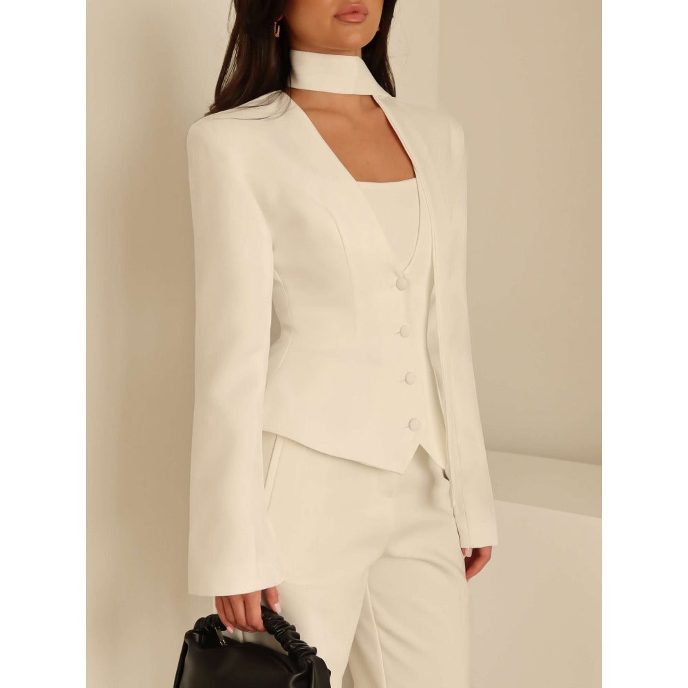 Chic Women's Blazer with Attached Scarf and Tailored Design