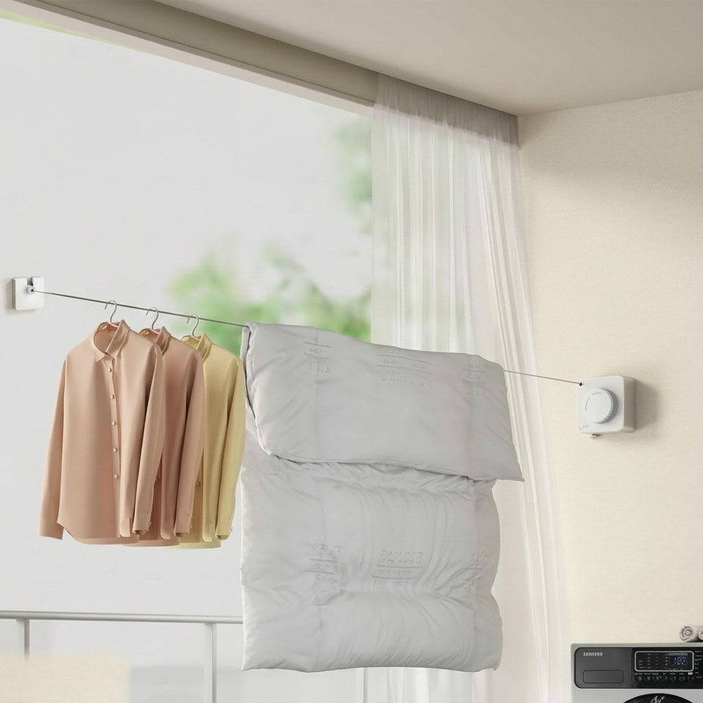 Wall-Mounted Clothesline with Retractable Design and Anti-Sag Feature