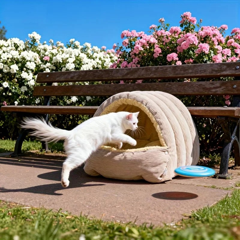 Purple and Beige Cat Cave Bed – Enclosed Fleece Tent for Small Pets