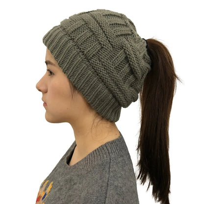 Knit Winter Hat for Women with Messy Bun Hole – Stretchy Beanie in 4 Colors