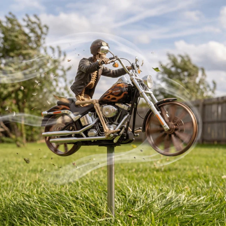 Whimsical Skeleton Rider Motorcycle Wind Spinner for Gardens