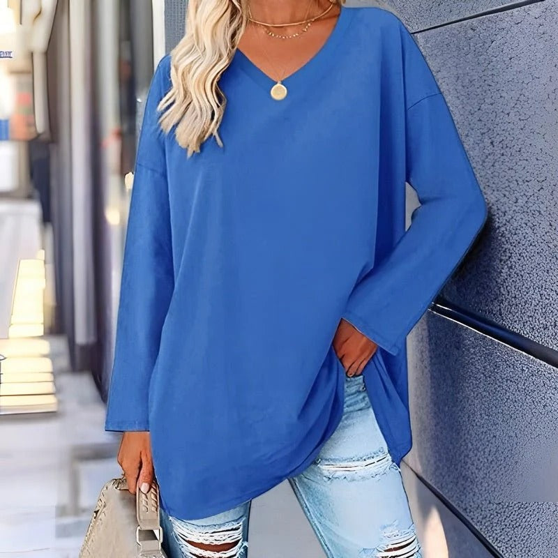 Women's V-Neck Top – Long Sleeve Cotton-Polyester Tee, 9 Colors, S-2XL