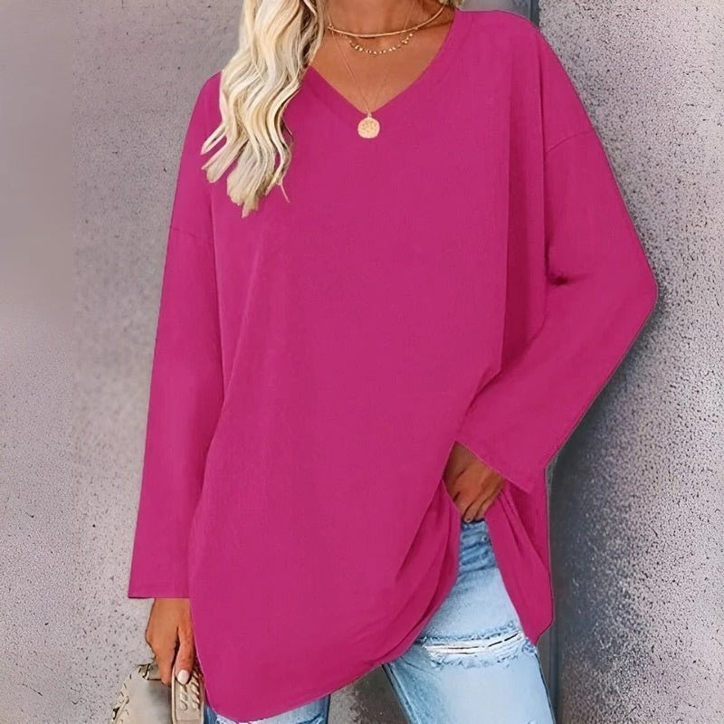 Women's V-Neck Top – Long Sleeve Cotton-Polyester Tee, 9 Colors, S-2XL