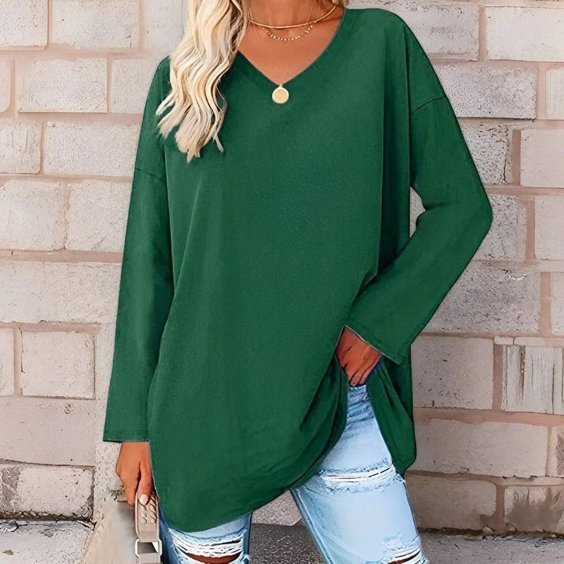 Women's V-Neck Top – Long Sleeve Cotton-Polyester Tee, 9 Colors, S-2XL