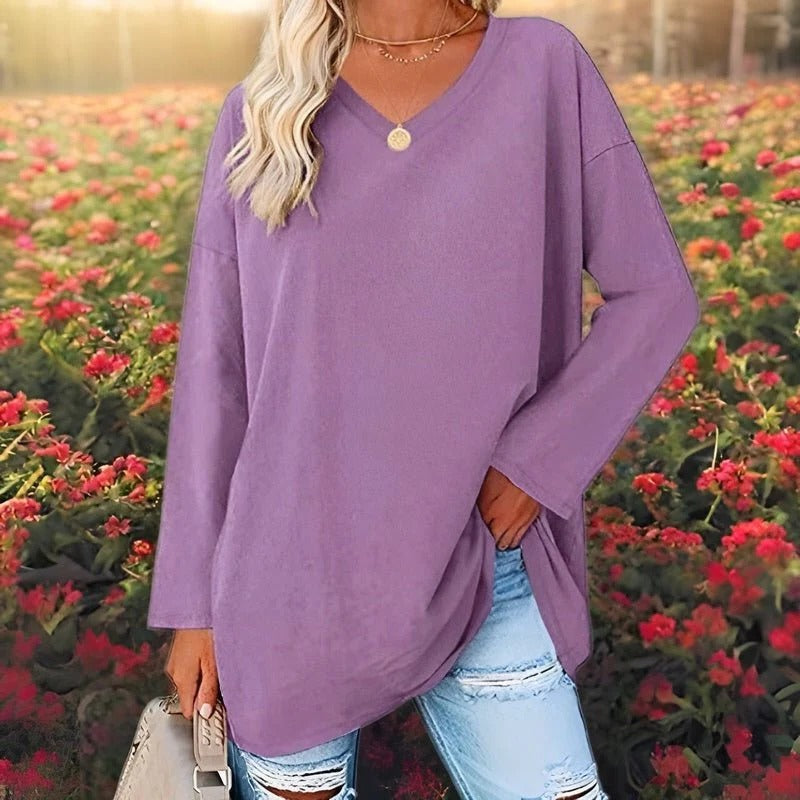 Women's V-Neck Top – Long Sleeve Cotton-Polyester Tee, 9 Colors, S-2XL