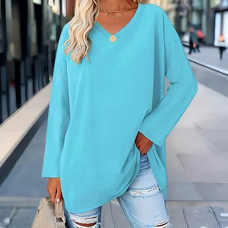 Women's V-Neck Top – Long Sleeve Cotton-Polyester Tee, 9 Colors, S-2XL