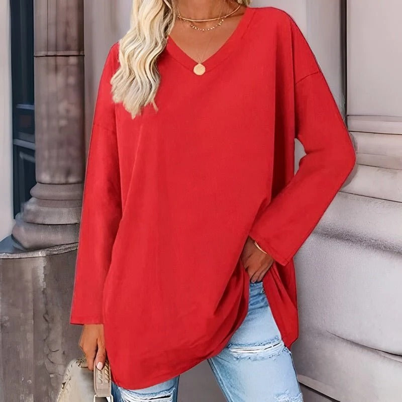 Women's V-Neck Top – Long Sleeve Cotton-Polyester Tee, 9 Colors, S-2XL