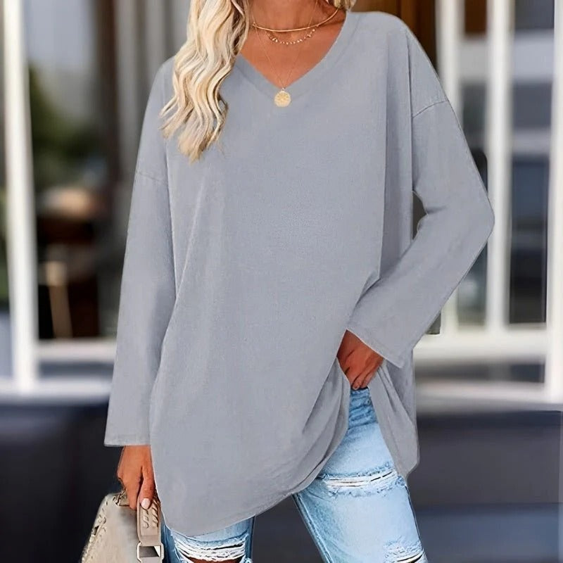 Women's V-Neck Top – Long Sleeve Cotton-Polyester Tee, 9 Colors, S-2XL
