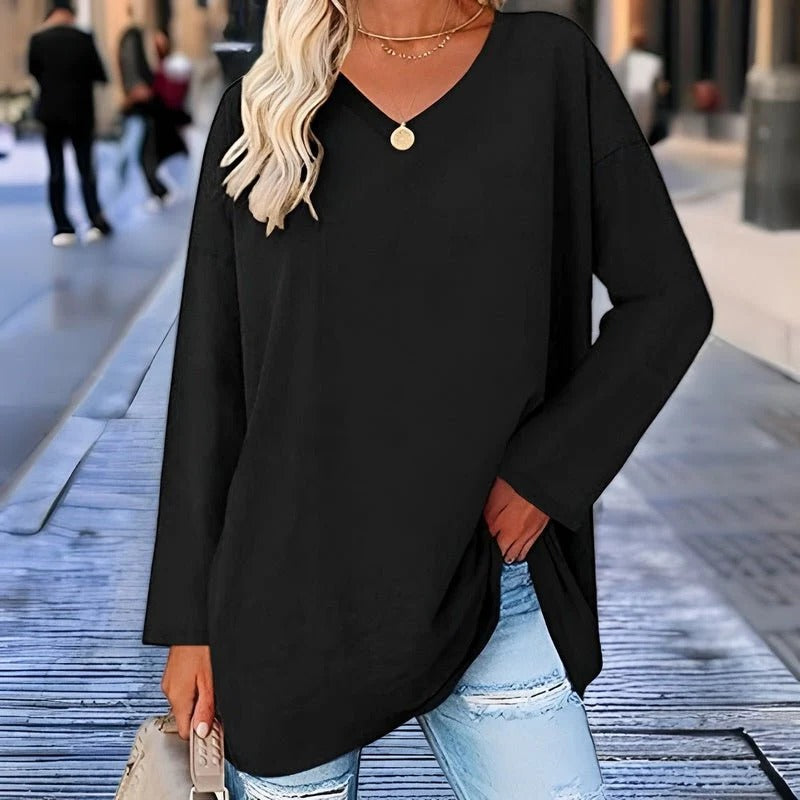 Women's V-Neck Top – Long Sleeve Cotton-Polyester Tee, 9 Colors, S-2XL