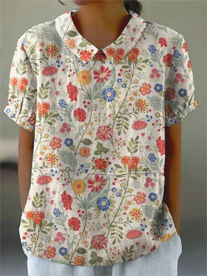 Casual Floral Print Blouse for Women – Soft Cotton Linen Top, Sizes S-4XL