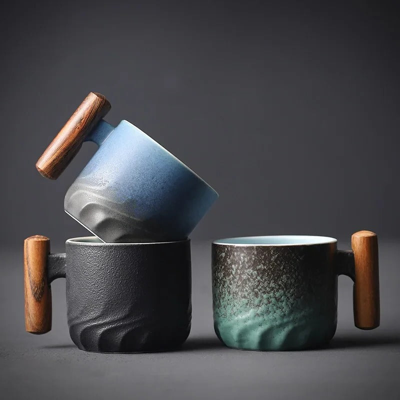 Ceramic Coffee Cups 80ml with Wooden Handle – Vintage Style in Black, Blue, Green for Home and Café