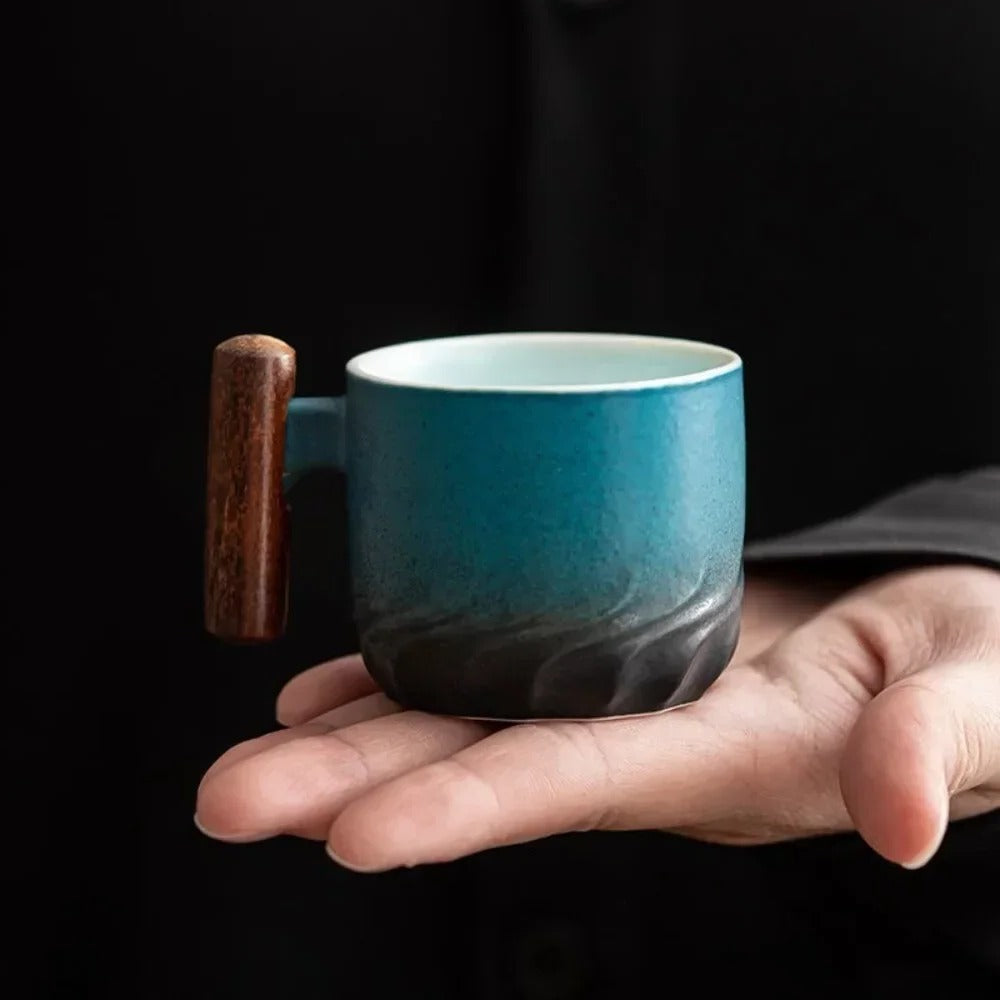 Ceramic Coffee Cups 80ml with Wooden Handle – Vintage Style in Black, Blue, Green for Home and Café