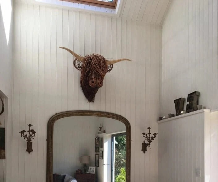 Handcrafted Highland Cattle Head Wall Art – Rustic Wall Sculpture 24.8 x 20.9 in