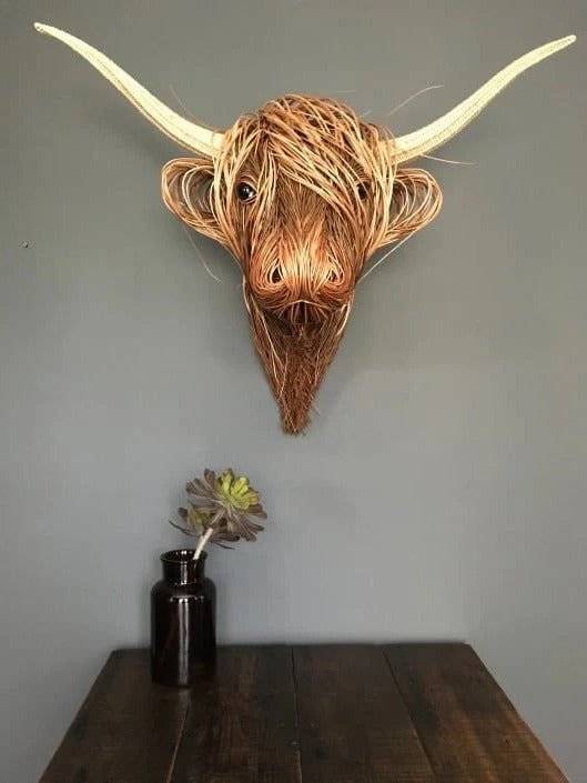 Handcrafted Highland Cattle Head Wall Art – Rustic Wall Sculpture 24.8 x 20.9 in