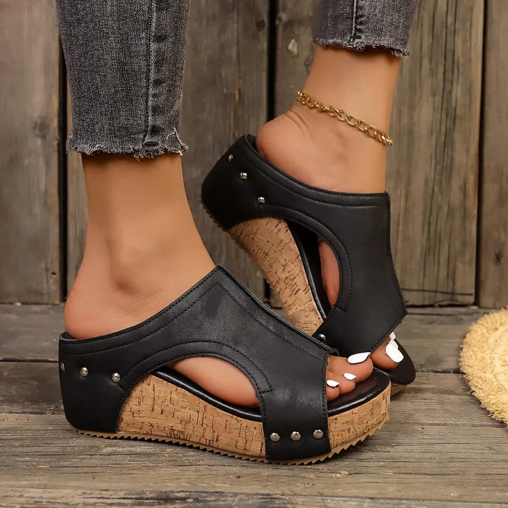 Summer Wedge Sandals for Women - Cushioned Insole, Studded Design, Comfort Fit