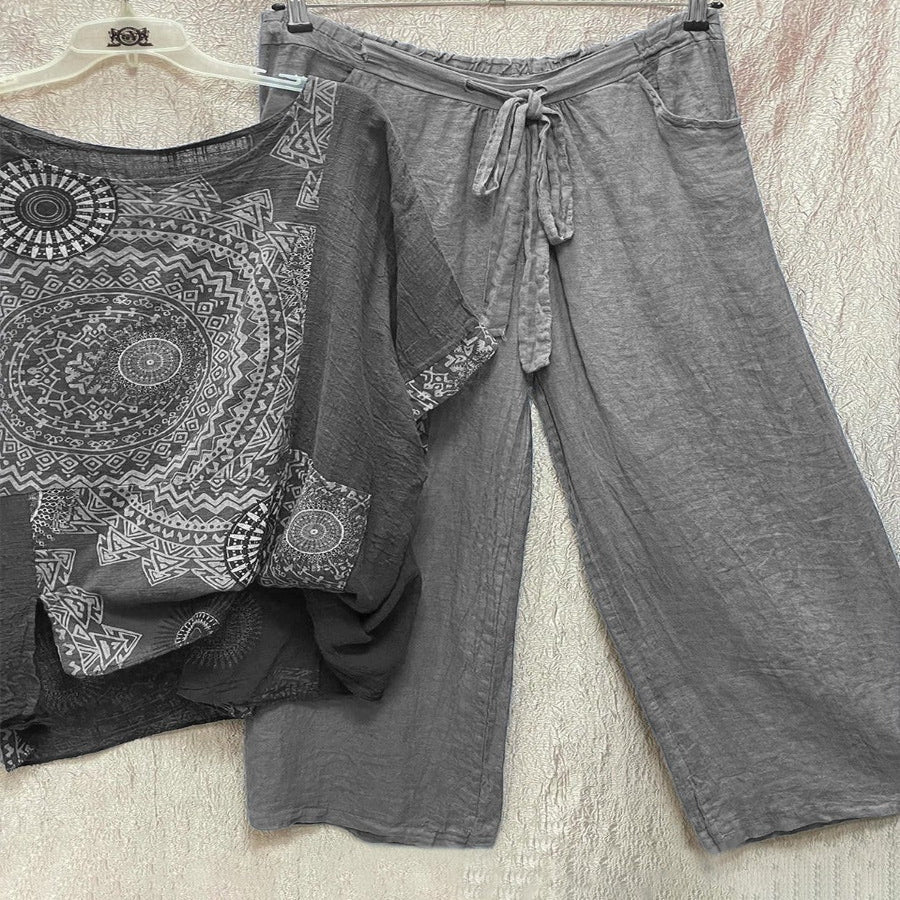 Chic Geometric Print Two-Piece Ensemble with High-Waisted Pants