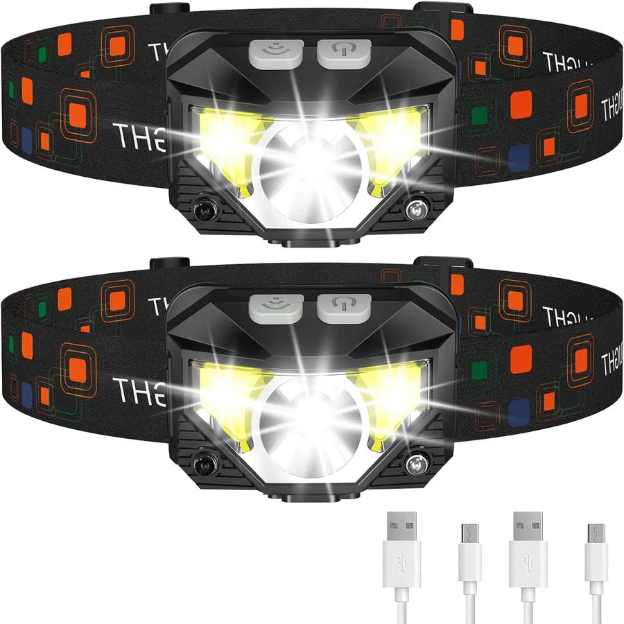 Rechargeable Waterproof LED Headlamp Flashlight with Motion Sensor - 2-Pack