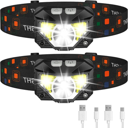 Rechargeable Waterproof LED Headlamp Flashlight with Motion Sensor - 2-Pack