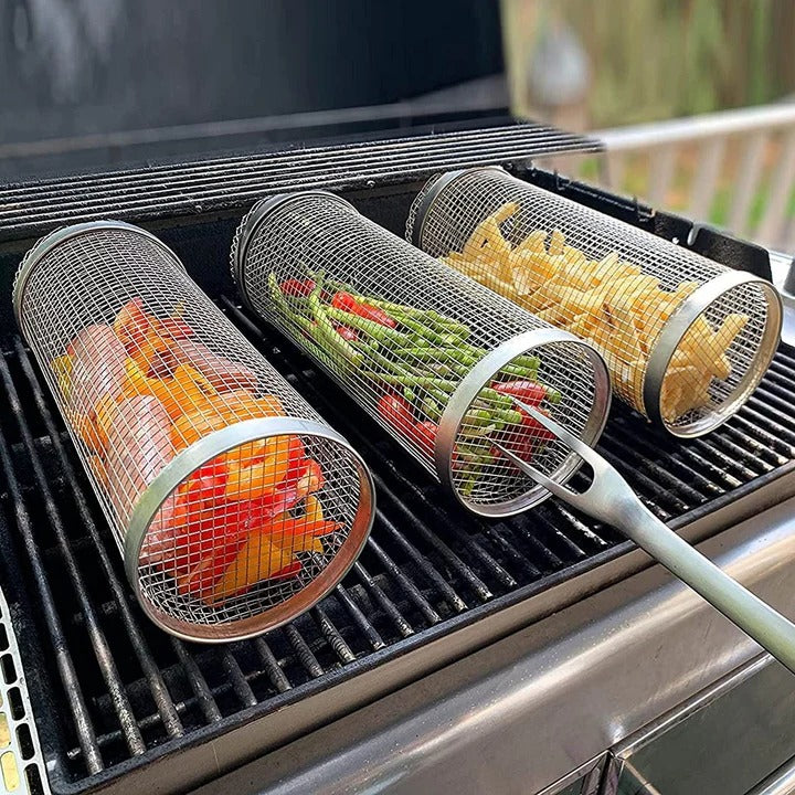 Stainless Steel Rotating Grill Basket with Easy Access Door