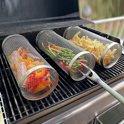 Stainless Steel Rotating Grill Basket with Easy Access Door