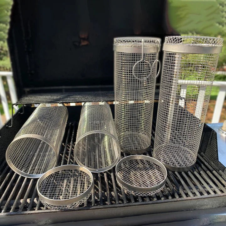 Stainless Steel Rotating Grill Basket with Easy Access Door