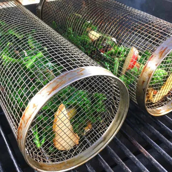 Stainless Steel Rotating Grill Basket with Easy Access Door