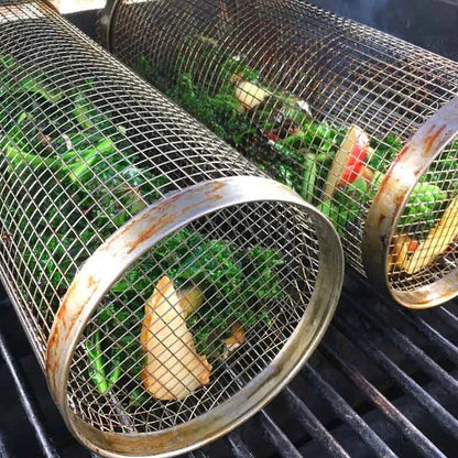 Stainless Steel Rotating Grill Basket with Easy Access Door